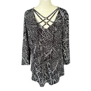 Sami & Jo black and white stretchy 3/4 sleeve v-neck blouse women's size PL